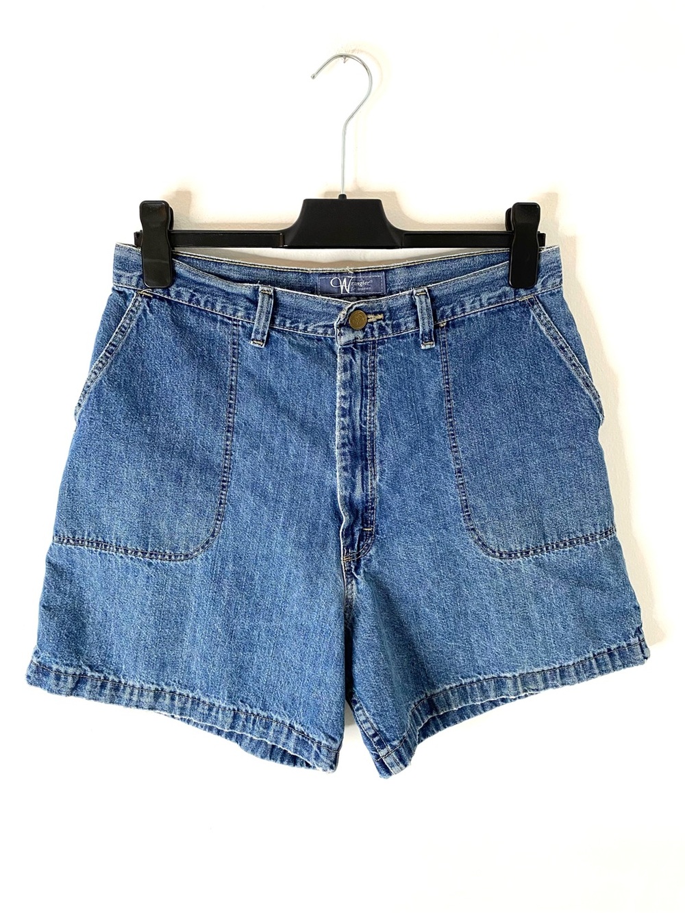Vintage 90s Wrangler For Women High Rise Denim Utility Mom Shorts Blue